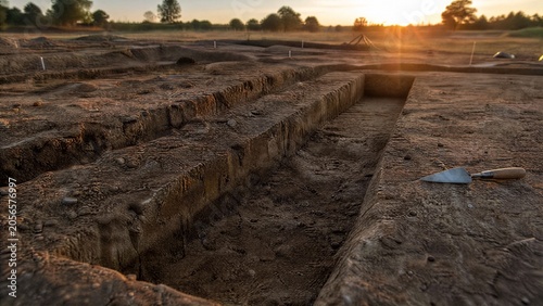 Archaeological excavation site showing linear trenches in the soil.