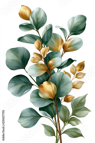 Watercolor eucalyptus branches with gold leaf accents showcasing luxury wedding botanical clip art and elegant greenery arrangement