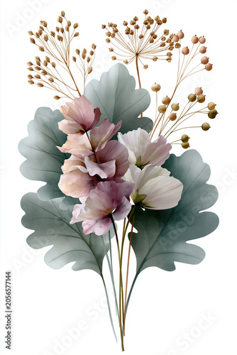 Watercolor botanical bouquet with sage oak leaves dried seed sprigs and tiny berries showcasing airy fine art floral elegance