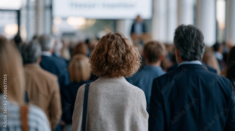 Fototapeta premium Employees filing into a large auditorium-style training room for a mandatory corporate cybersecurity awareness session, presenter at podium with threat statistics on large screen,