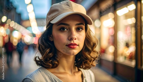 Young Woman Wearing Beige Cap Standing in Blurred City Street at Dusk