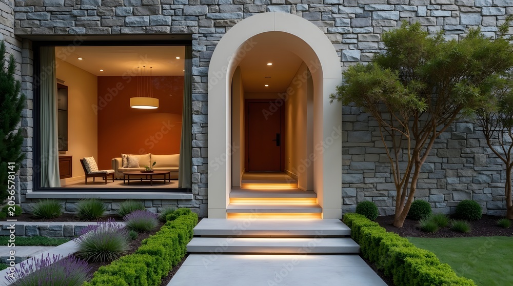 Fototapeta premium Elegant Arched Entrance of a Modern Stone House