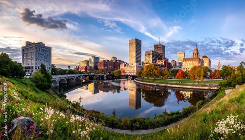 Colorful Urban Skyline Reflecting on Calm River at Sunset with Bridge and Wildflowers