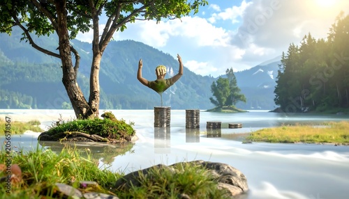 Surreal Human Figure Rising Above Coin Stacks in Serene Mountain Lake