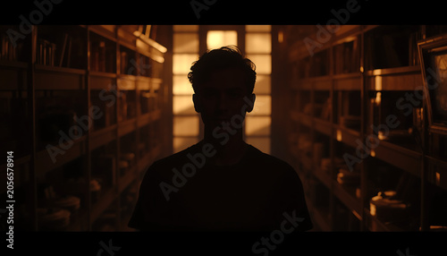 Man standing as a silhouette between two rows of library bookshelves while glowing warm light illuminates the corridor from the back of the room in this dramatic and mysterious dark setting.