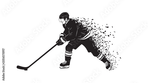 Photography Hockey Player Silhouette with Stick Hitting a Puck Leaving a Dynamic Spray of Pa