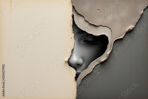 Surreal cracked surface revealing monochrome facial contours beneath layered textures, blending abstraction and realism to symbolize concealment and transformation.