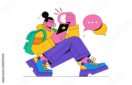 Young woman with backpack taking photo with smartphone during a walk with speech bubbles