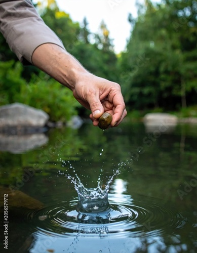 Human hand dropping a small river stone into water creating a splash and circular ripples outdoors in nature