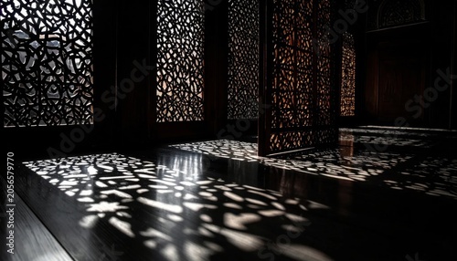 Intricate wooden lattice screen casting dramatic shadows on a polished dark floor, middle eastern architectural detail, oriental interior atmosphere
