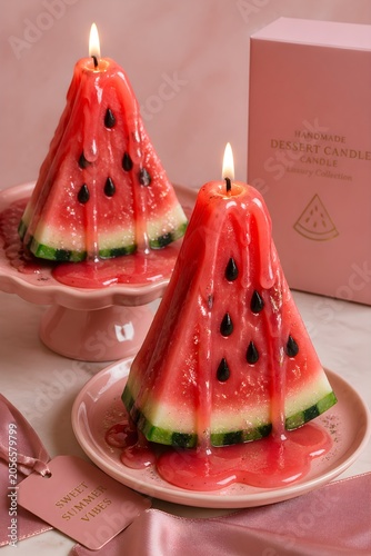 Handmade Watermelon Slice Dessert Candles on Pink Plates with Luxury Summer Aesthetic