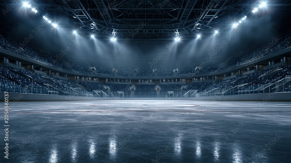 Fototapeta premium Empty stadium arena at night with dramatic spotlights and misty lights