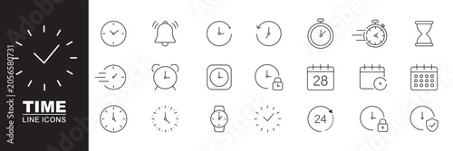 Address icon set, calendar date clock time and location symbols, outline navigation icons, editable stroke vector design elements. Time thin line icon collection for scheduling, productivity and time