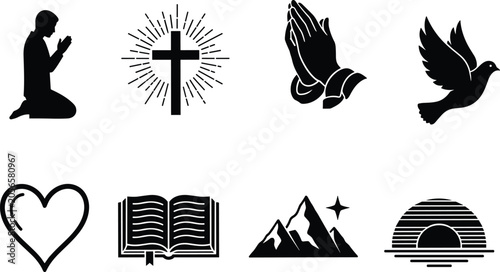 Canvas Print Christian religious icons set featuring praying man, holy cross with light rays,