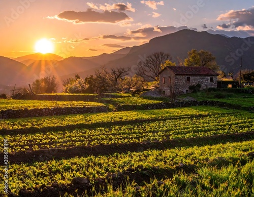 Golden Rural Farmland Glowing at Sunset Beside Stone House and Mountain Range