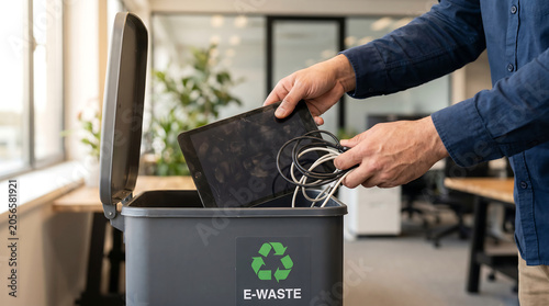 Person putting old tablet and cables into an e-waste recycling bin