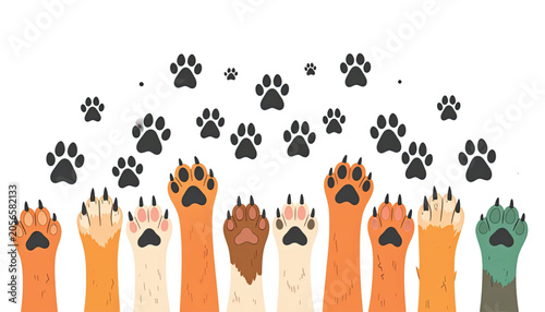 Diverse animal paws raised up together.