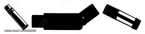 Solid black icon, white background: respiratory asthma inhaler set with simple line art design featuring simple design, minimalist, black and white with illustrations and graphics