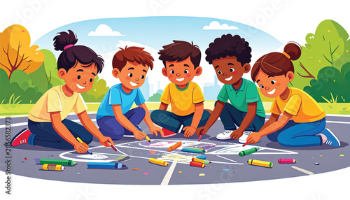 Diverse children drawing on pavement together.