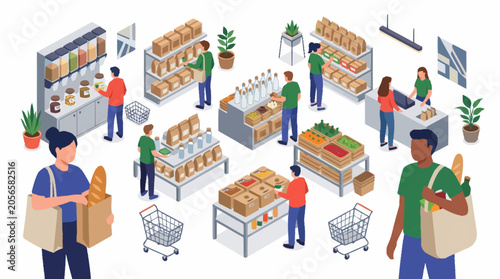 People shopping in a modern grocery store with fresh produce and bakery items.