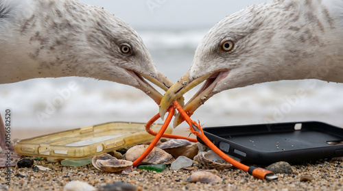 Two seagulls pulling on plastic waste and cable on a sandy beach
