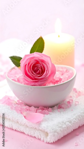 Delicate Pink Rose Resting in White Bowl with Bath Salt in Soft Spa Setting