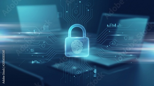 Obraz na plátně Futuristic cybersecurity concept with glowing biometric lock, circuit network in