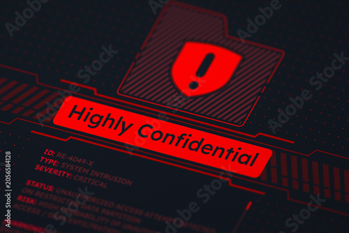 Schilderij op canvas Cybersecurity breach warning screen showing highly confidential data leaked and system intrusion critical alert