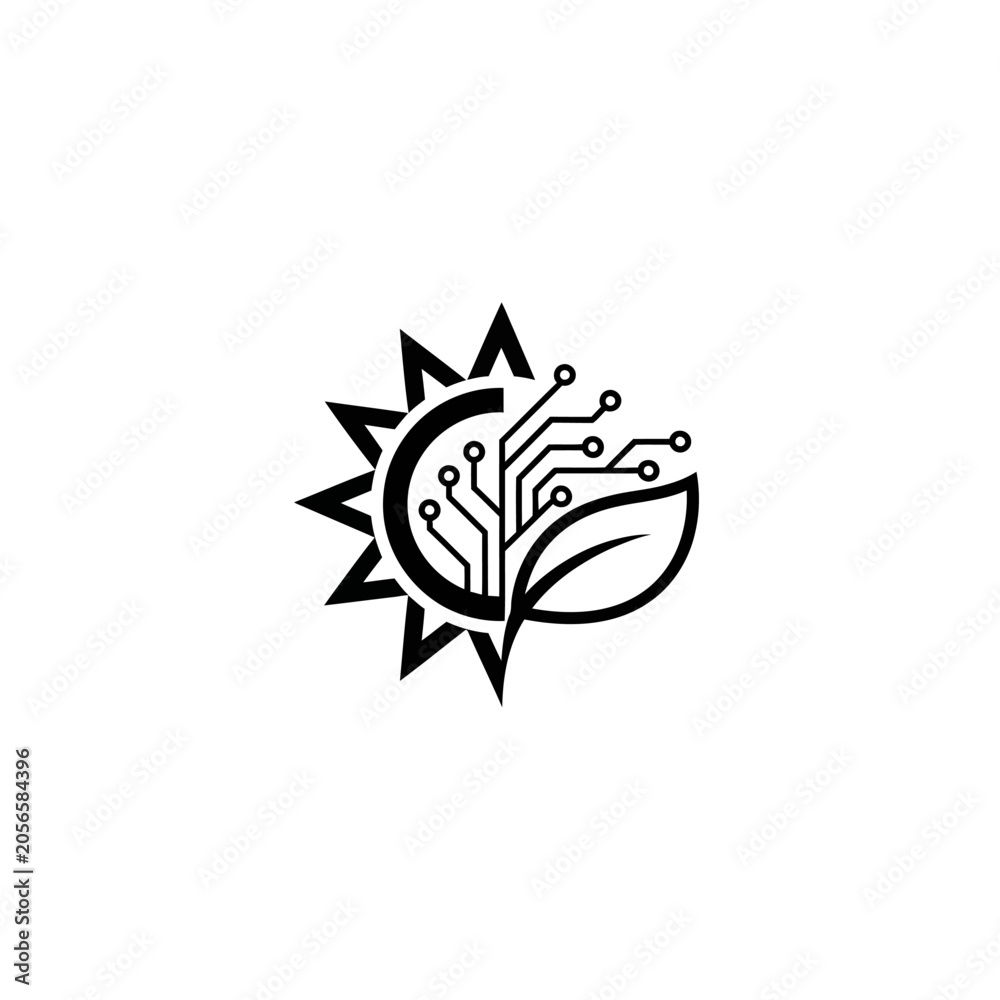 Fototapeta premium Digital Sun Leaf Logo: Innovation in Renewable Energy Technology
