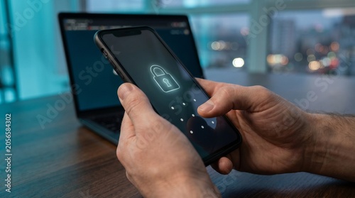 Canvastavla Close up hands unlocking smartphone with secure passcode, mobile authentication,