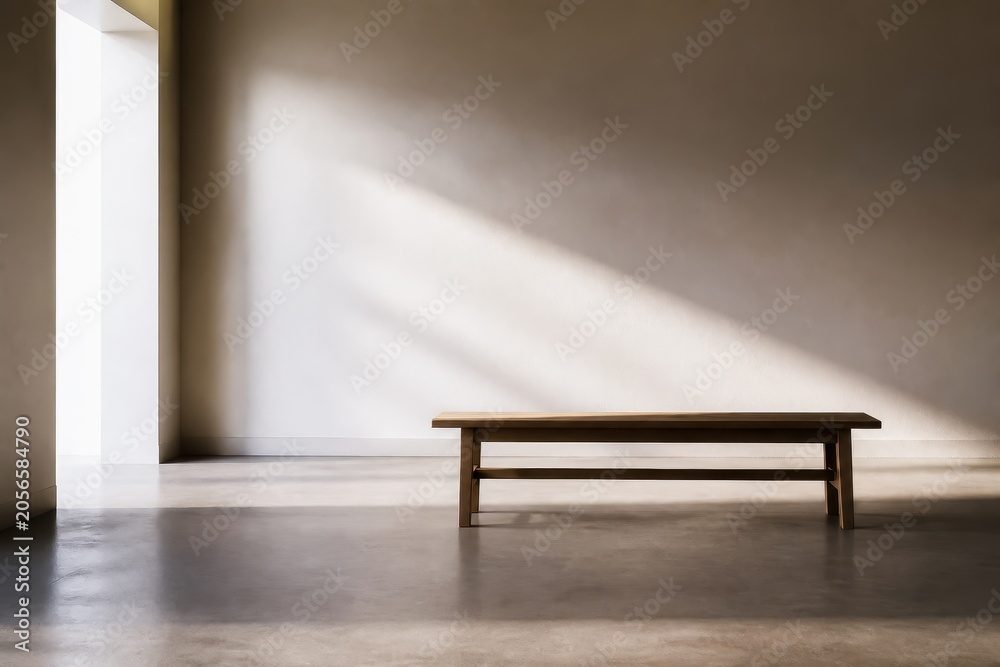 Fototapeta premium Empty room with wooden bench and sunlight streaming through creating a minimalist, tranquil setting