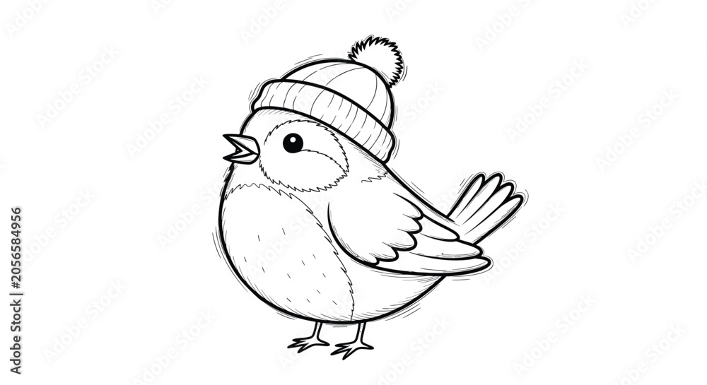 Fototapeta premium Detailed pencil sketch of a cute chubby little garden bird wearing a knitted winter pompom hat in outline style.