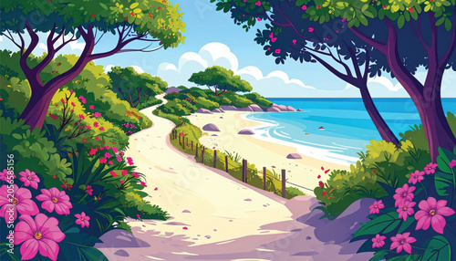 Colorful beach pathway with pink flowers.