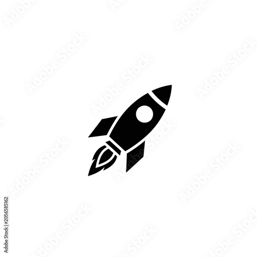 Black rocket ship icon launching with fire exhaust on white background, vector illustration