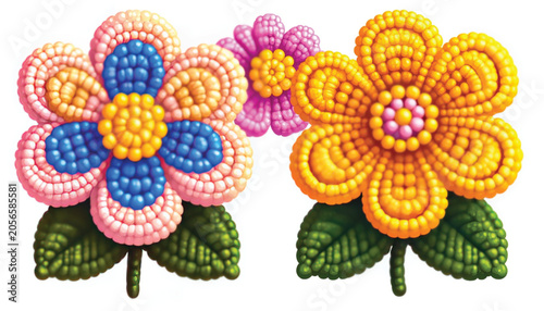 Colorful Beaded Flowers with Green Leaves.