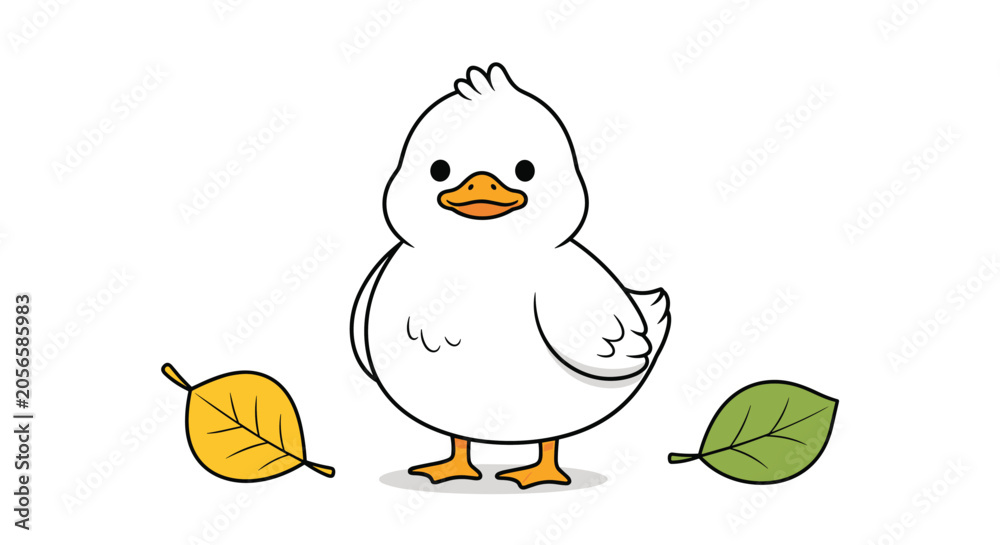 Fototapeta premium Cute little white duckling character standing happily between autumn yellow and green fallen leaves over white background.