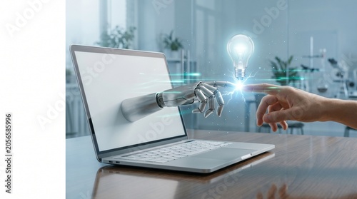 AI robot hand and human finger touching through laptop with glowing light bulb innovation concept
