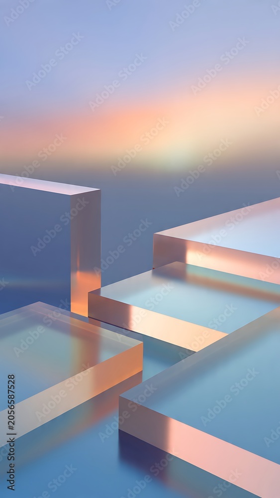 Fototapeta premium Symmetrical Frosted Acrylic Panels Reflecting Soft Sunset Glow in Modern Minimal Presentation Background