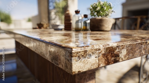Polished natural stone countertop surface exhibits rich, warm brown and beige coloration in bright sunlight