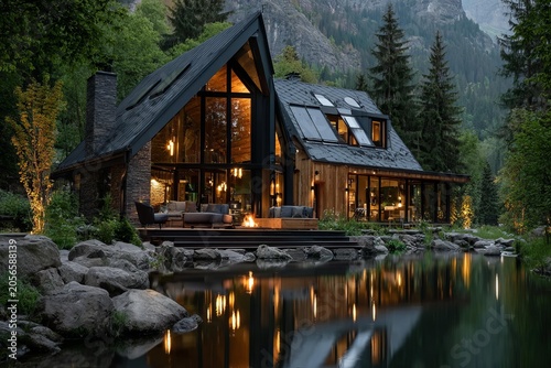 Modern wooden cabin reflection over forest water