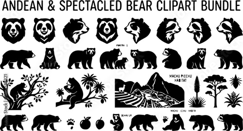 Schilderij op canvas Spectacled Bear Silhouette Set – Andean Bear, Wildlife Icon, Mountain Forest Ani