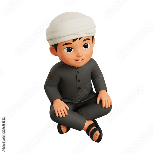 3D cartoon boy in traditional attire sitting cross-legged