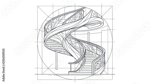 Architectural Sketch of a Modern Spiral Staircase with Blueprint Grid