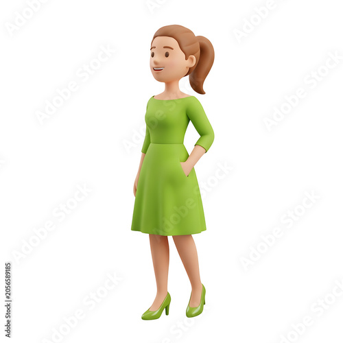 3D cartoon woman in green dress standing with hand in pocket