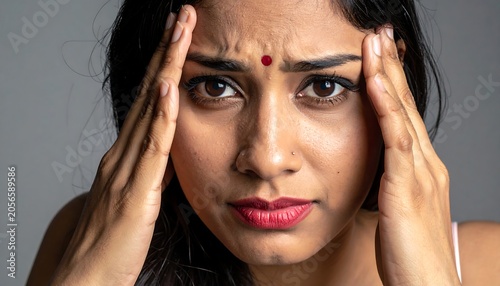 Stressed Young Indian Woman Holding Her Temples in Close Up Studio Portrait