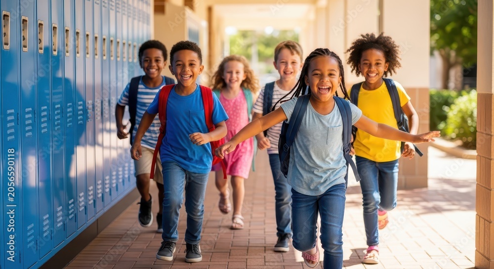 Fototapeta premium Diverse Group of Happy Elementary School Children Running Down Hallway with Backpacks Near Blue Lockers