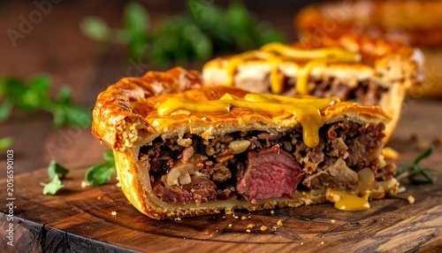 Golden Savory Meat Pie Slice with Rich Filling on Rustic Wooden Board