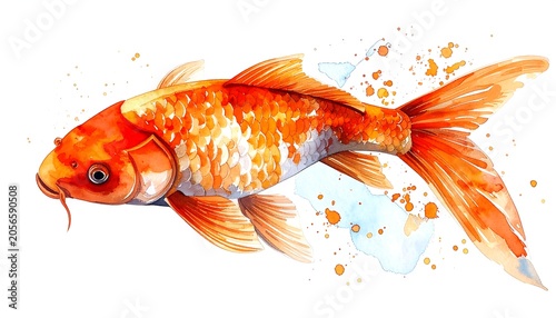 Vibrant Orange Koi Fish Swimming in White Isolated Watercolor Background