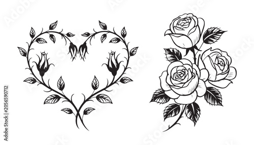 Fotografie Heart shape made of thorny rose stems and a separate bouquet of roses line art for romantic decor