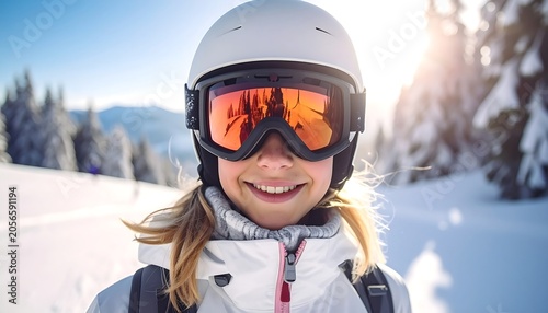 Smiling Young Girl Wearing Ski Helmet and Goggles on Snowy Mountain Slope
